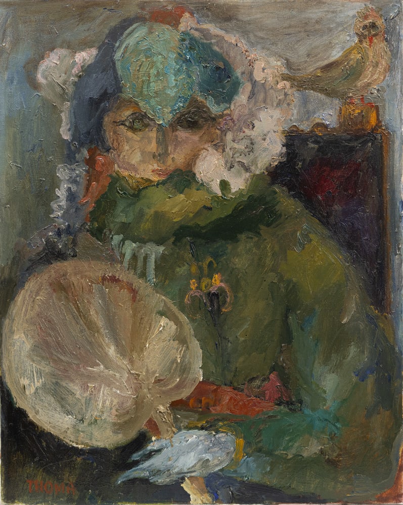 Grabert-Thomas, Ingrid: Grabert-Thomas, Ingrid Stuttgart, 1937 50 x 40 cm, o. R. Woman with fan. Oil on canvas. Signed. Studio of the artist. Private property, Baden-Württemberg, acquired there in 1997. Grabert-Thomas,