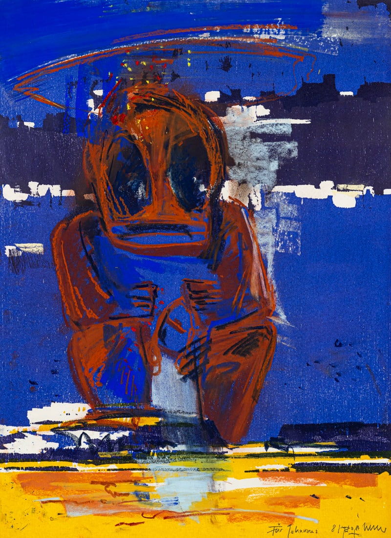Zimmer, Bernd: Zimmer, Bernd Planegg/München, 1948 79 x 59 cm, R. Untitled, 1981. Crayon over woodcut on wove paper. Signed and dated. From the collection of the director and actor Johannes Schaaf (1933-2019). 
