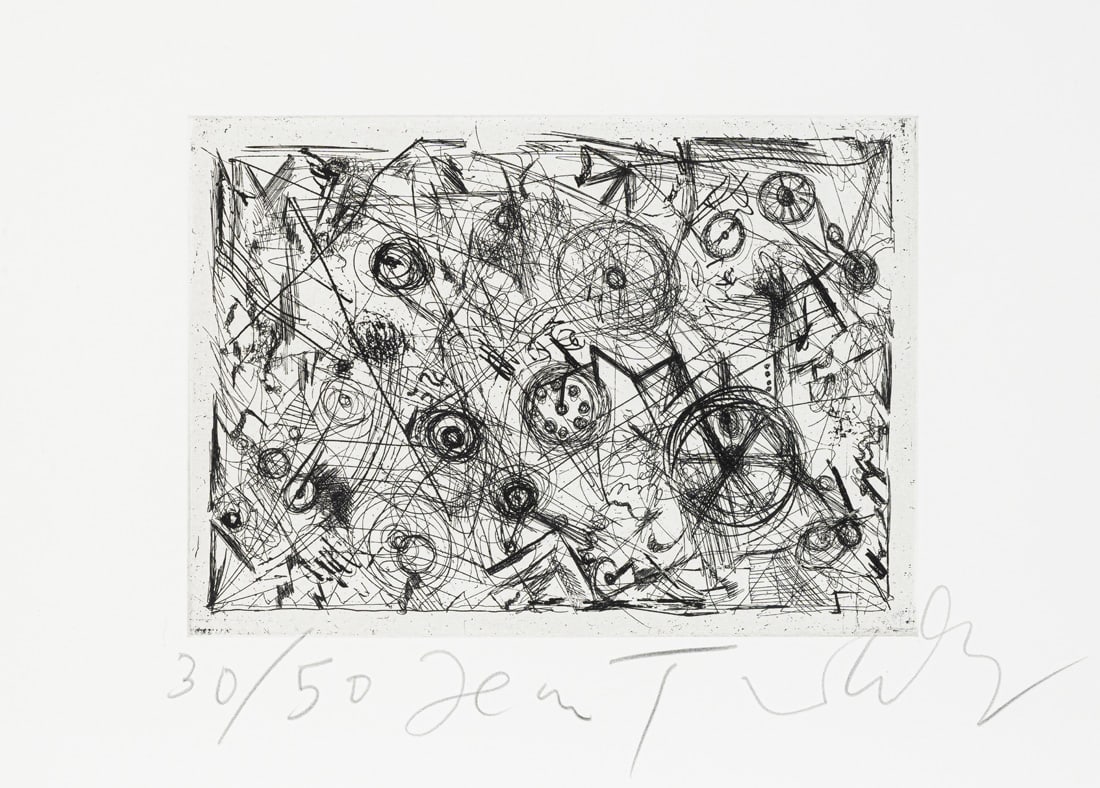 Tinguely, Jean: Tinguely, Jean Basel, 1925 - Bern, 1991 Blattgröße: 28 x 37 cm; 15 x 21 cm, R. Metaharmonie. Etching on wove paper. Signed and numbered 30/50. Private property, Baden-Württemberg.
