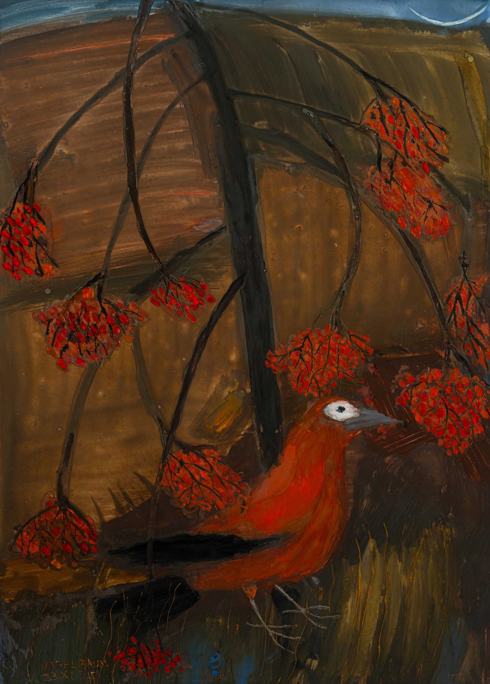Foerster, Heidi: Foerster, Heidi Singen, 1932 64 x 46 cm, R. "Vogelbaum", 1985. Acrylic on glass. Reverse glass painting. Monogrammed, dated "23 X 85" and titled in incision lower left and with the work number