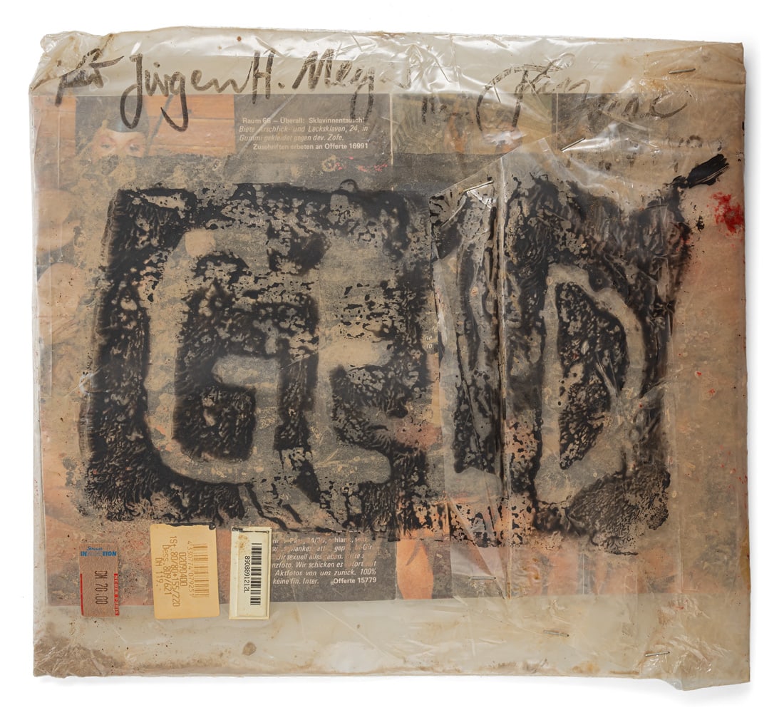 Droese, Felix: Droese, Felix Singen, 1950 30 x 33,5 cm "Geld", c. 1993. Woodcut on foil wrapping containing an erotic magazine. Signed and with dedication. Collection Jürgen H. Meyer, Düsseldorf. Droese, F