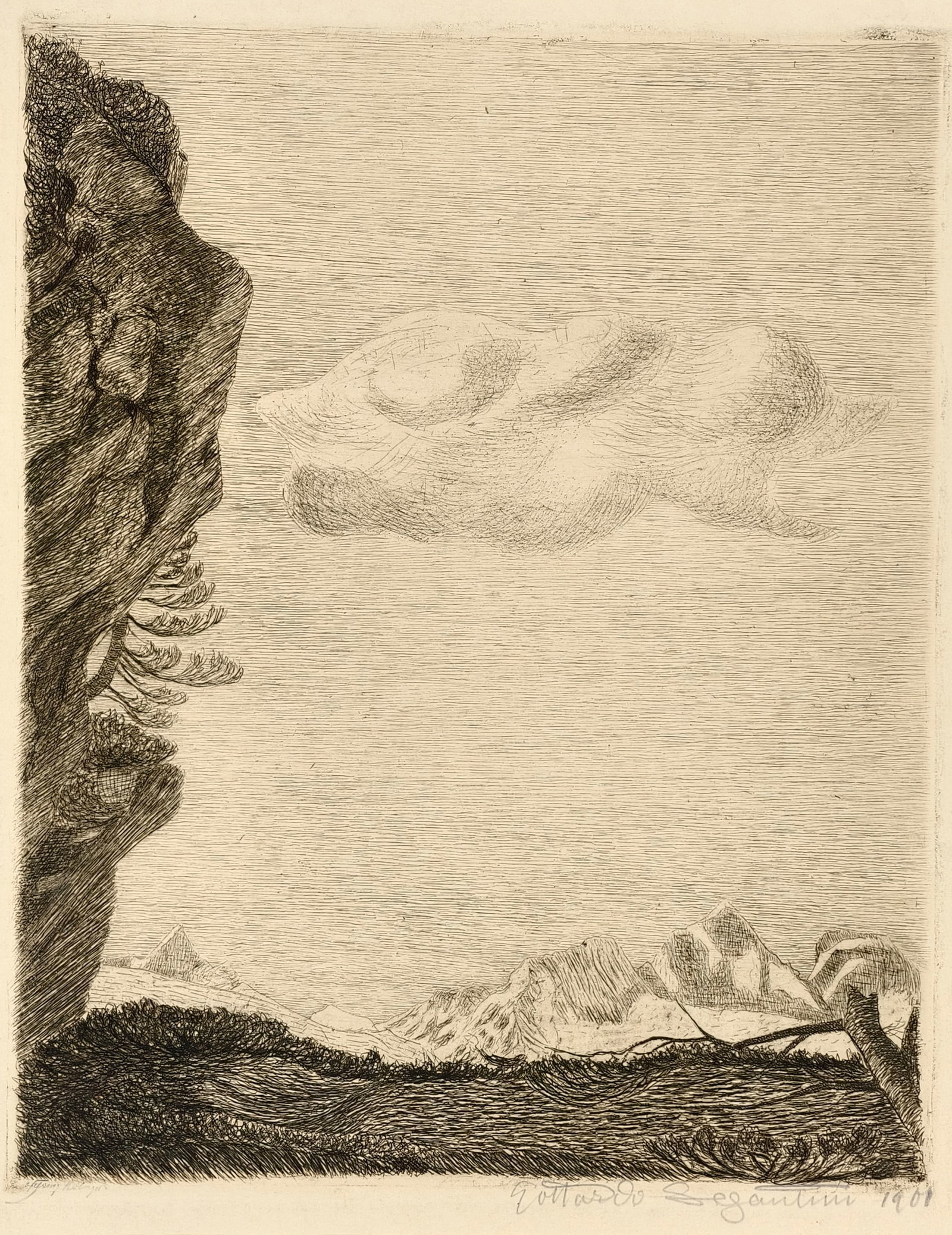 Segantini, Gottardo: Segantini, Gottardo Pusiano, 1882 - Maloja, 1974 Blattgröße: Je 27 x 21,8 cm / 19,9 x 25,7 cm, o. R. 2 works: Untitled, n. d.; 1901. Etching on wove paper. Both signed and 1 dated.