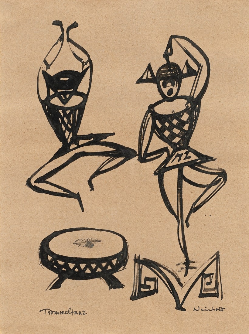 Weinhold, Kurt: Weinhold, Kurt Berlin, 1896 - Calw, 1965 20 x 15 cm, R. "Trommeltanz". Ink on paper. Signed. Private property, Nordrhein-Westfalen. Weinhold, Kurt Berlin, 1896 - Calw, 1965 20 x 15 cm, R.