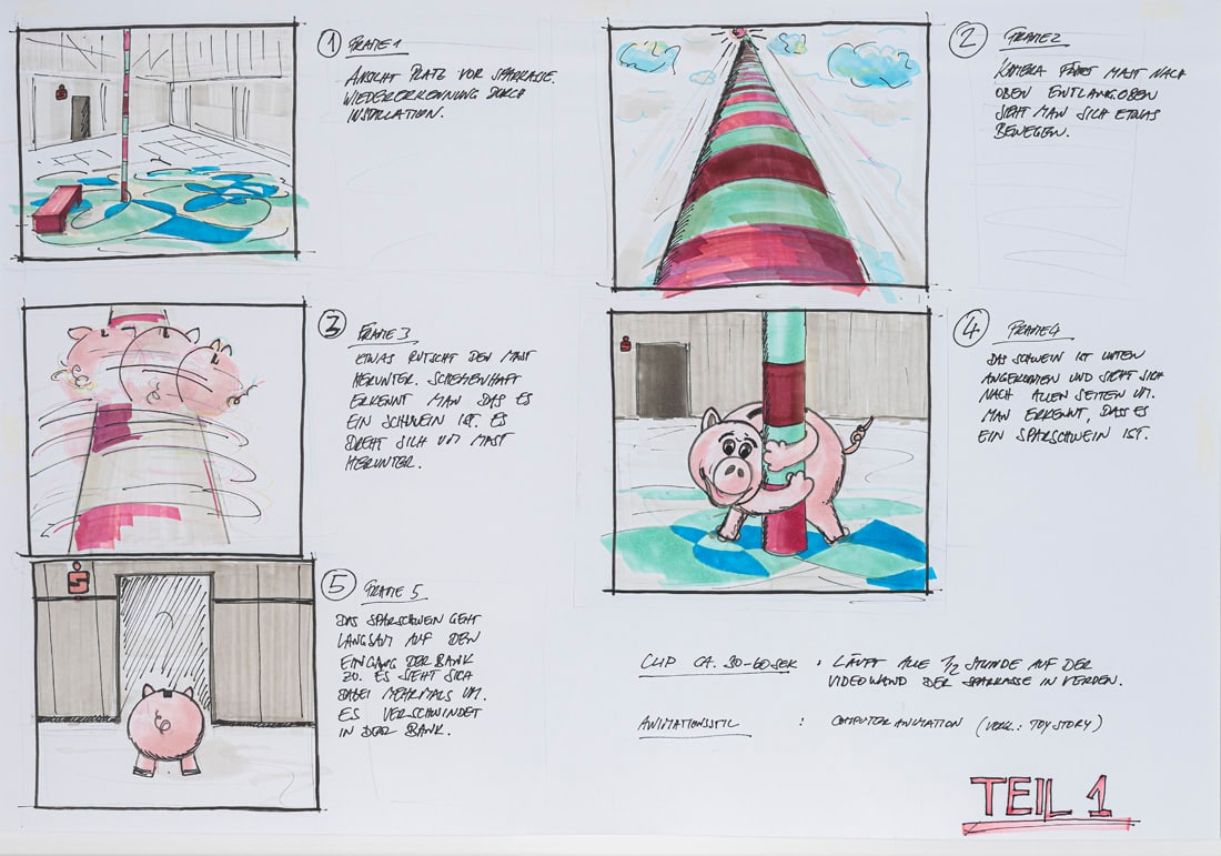 Rehberger, Tobias: Rehberger, Tobias Esslingen, 1966 Je 44 x 64 cm, R. "Toy Story - Sparkassenentwurf". Mixed media on paper. 2 picture stories with texts for a computer animation and a design for a work of art.