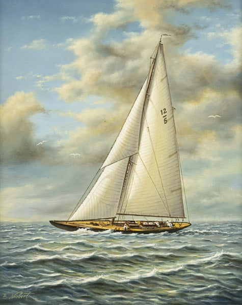 Niebert, Burkhard: Niebert, Burkhard Masuren, 1942 50 x 40 cm, R. Sailboat. Oil on canvas. Signed. Private collection, Baden-Württemberg. Niebert, Burkhard Masuren, 1942 50 x 40 cm, R. Segelboot. Öl auf