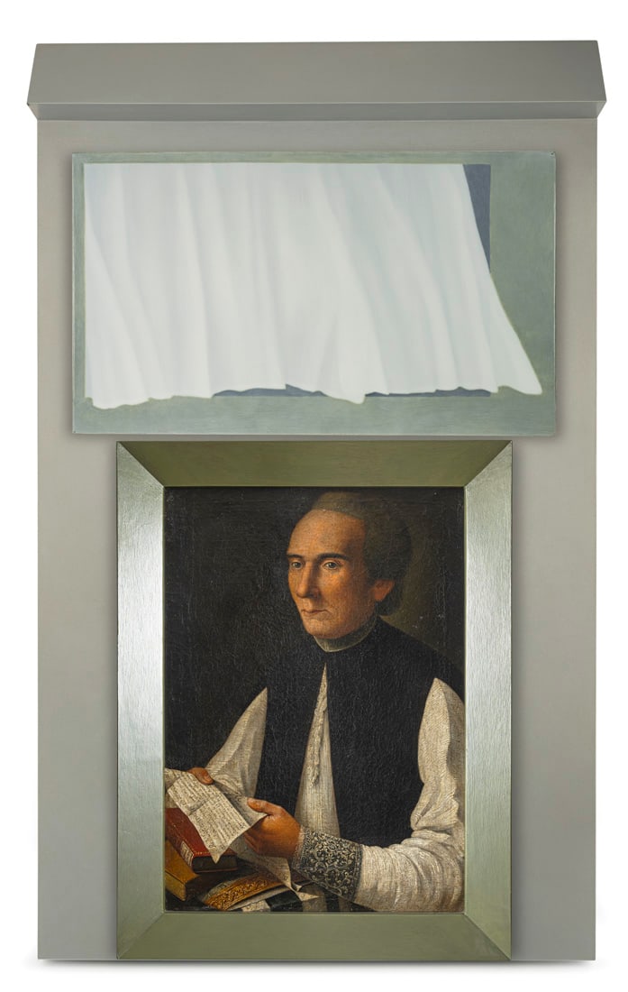 Wall, Claude: Wall, Claude Eschweiler, 1951 160 x 97 x 18,3 cm Abbot Ubaldo, 2000. Oil on canvas, mounted on a coloured wooden construction. Three-part work. The artist combines an old master paintings with his