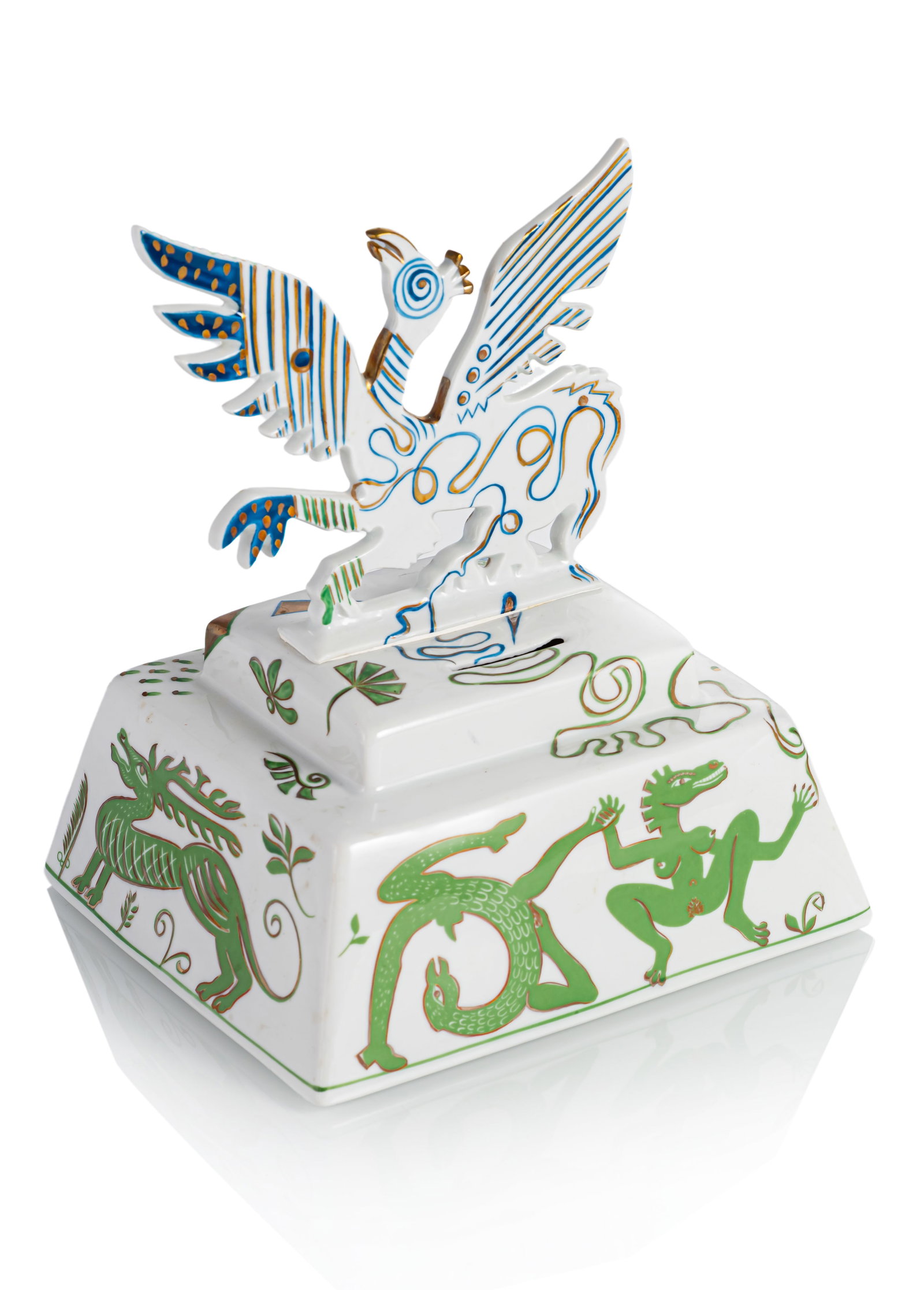 Gläsker, Horst: Gläsker, Horst Herford, 1949 22,5 x 18,5 x 16,5 cm Money box, 1987. Porcelain, glazed. Signed, dated and numbered 33/200 as well as marked "Handgemalt". Corporate collection, Germany.