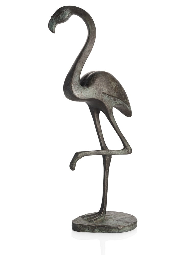Anonymous: Anonymous H. 43 cm Flamingo. Bronze, dark and green patina, on bronze plinth. Private property, Baden-Württemberg. Anonym H. 43 cm Flamingo. Bronze, dunkel und grün patiniert, auf