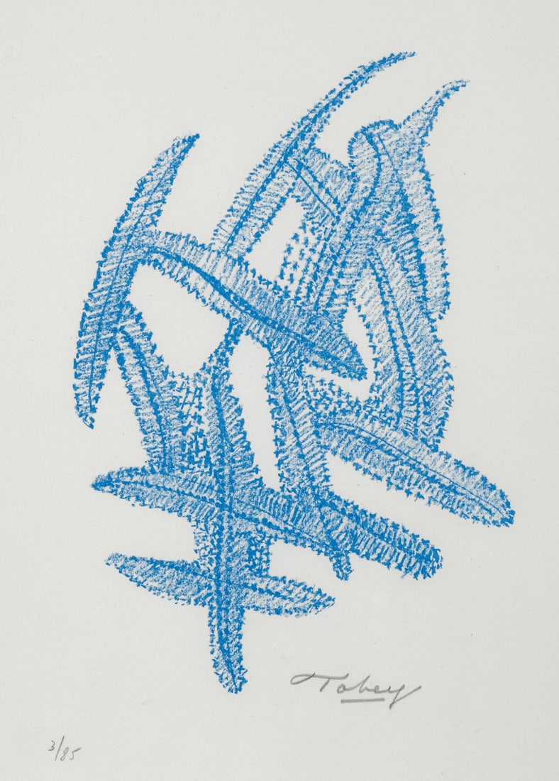 Tobey, Mark: Tobey, Mark Centerville/Wisconsin, 1890 - Basel, 1976 Blattgröße: 38,5 x 27,5 cm, R. Untitled, 1972. Lithograph on wove paper. Signed and numbered 3/85. Dry stamp: Erker Presse St. Gallen.