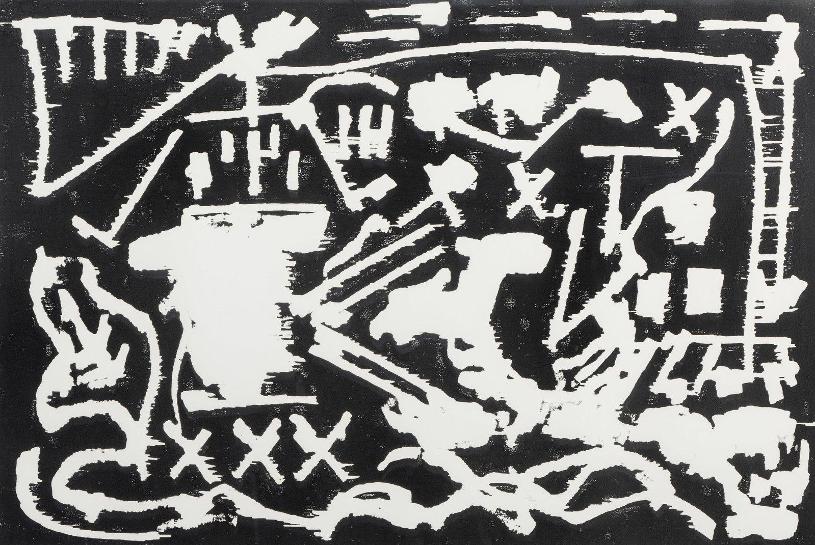 Penck, A.R., d.i. Ralf Winkler: Penck, A.R., d.i. Ralf Winkler Dresden, 1939 - Zürich, 2017 Blattgröße: 76 x 106 cm; 60 x 90 cm, R. "Die Dunkelheit der Macht", 1985. Woodcut on wove paper. Signed and numbered 39/100.
