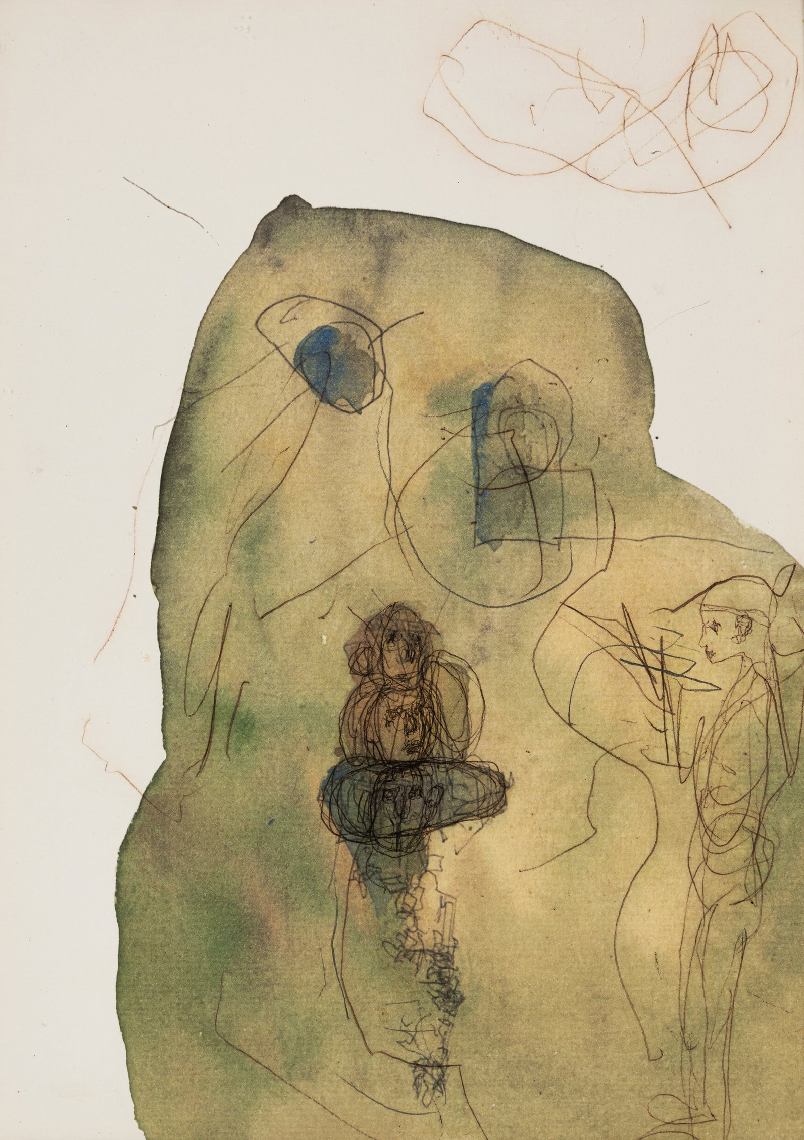 Lehnerer, Thomas: Lehnerer, Thomas München, 1955 - 1995 29,5 x 21 cm, R. "Homo Pauper - für Thomas Al Ghasali", 1983. Ballpoint pen over colour lithograph on light cardboard. Signed, dated and numbered 24/30