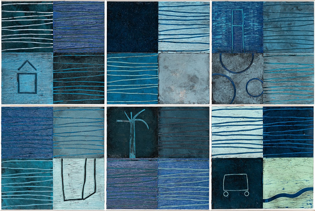 Penzkofer, Rüdiger: Penzkofer, Rüdiger Stuttgart, 1962 82 x 121 cm "Tage / Nächte / Tage II", 1999. Rubber relief, coloured, on masonite. Signed and dated. Südwestbank AG art collection. Penzkofer,