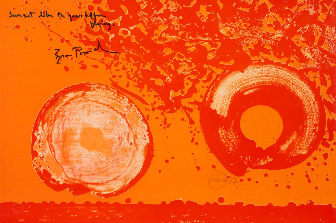Piene, Otto: Piene, Otto Laasphe, 1928 - Berlin, 2014 38 x 56,5 cm, R. "Sunset like the grass hopper flying - Ezra Pound", 1977. Lithograph on wove paper. Signed and dated. Dry stamp: Erker Presse St. Gallen. Not