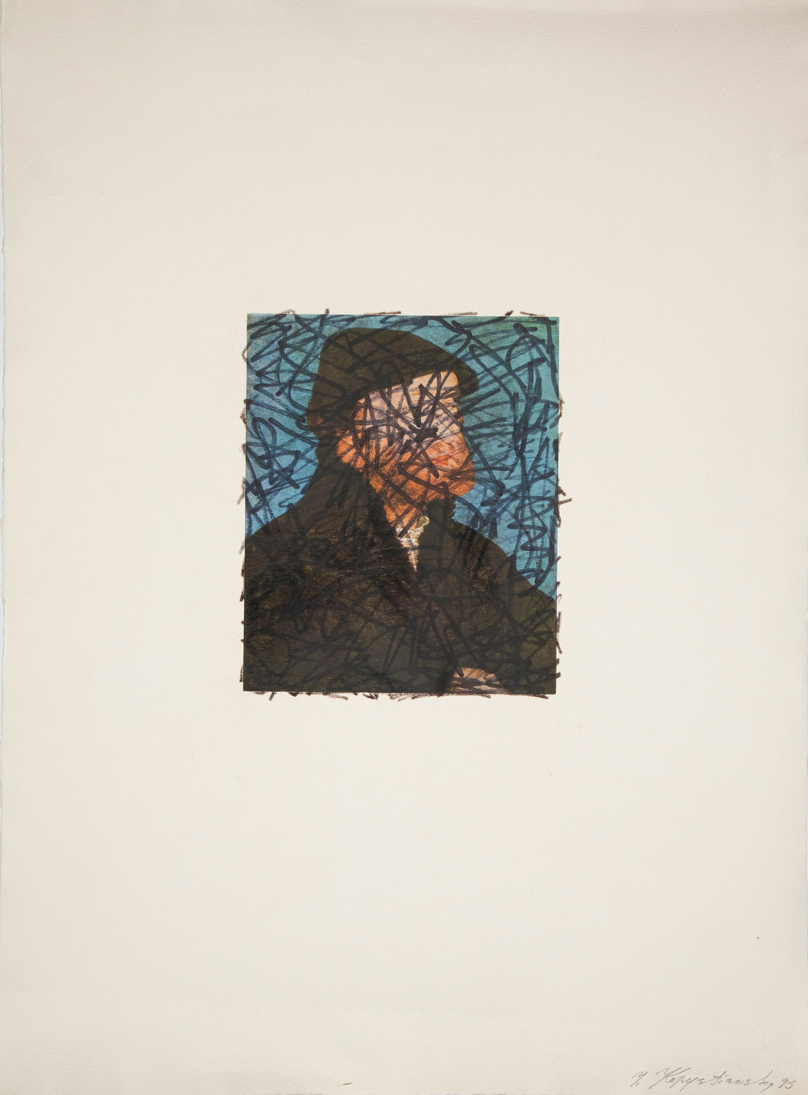 Kopystiansky, Igor: Kopystiansky, Igor Lwiw, 1954 Blattgröße: 65,5 x 48 cm, o. R. Untitled, 1993. Fibre-tip pen over colour offset lithograph, mounted down on handmade paper. Signed and dated in pencil at the