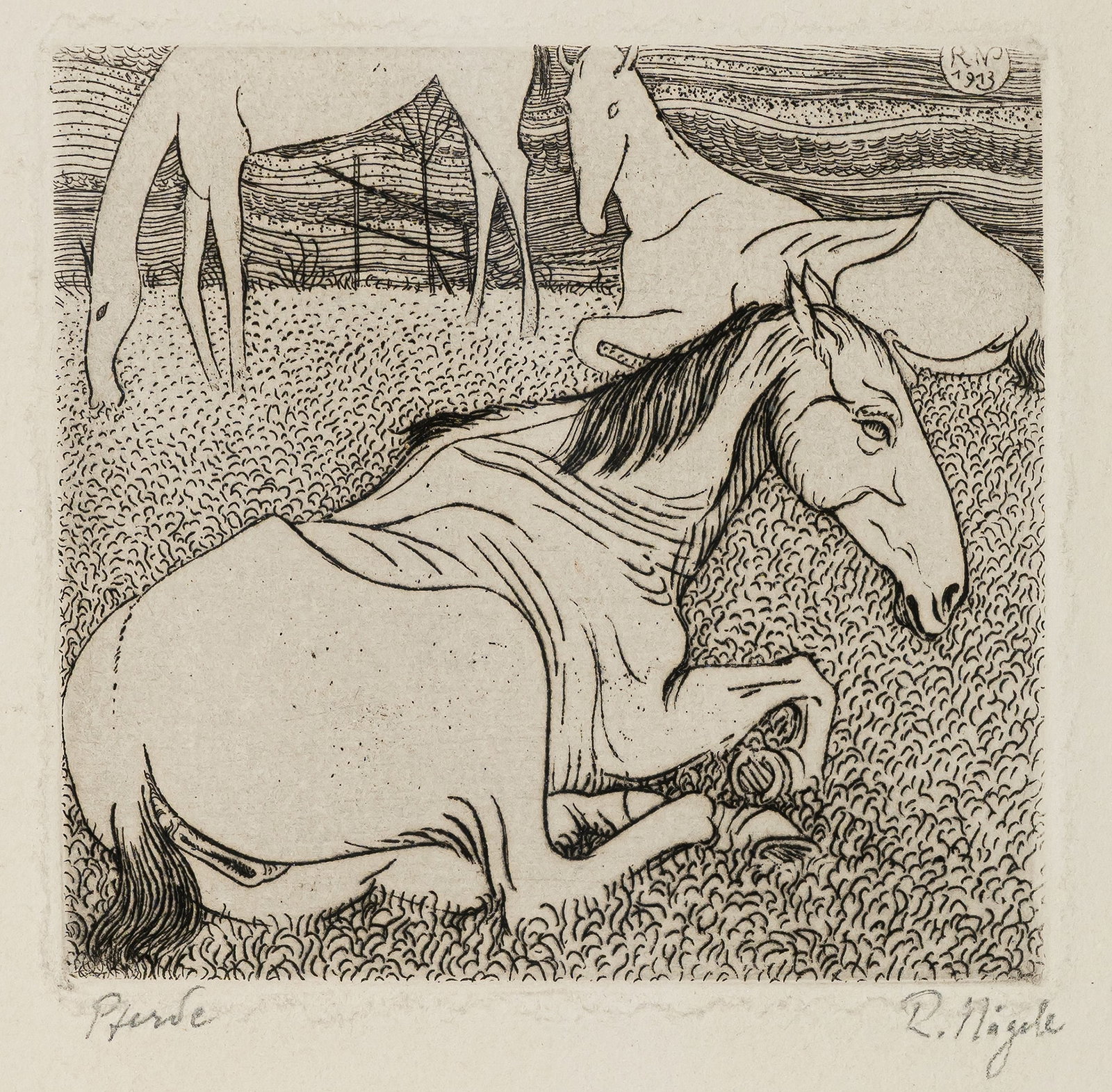 Nägele, Reinhold: Nägele, Reinhold Murrhardt, 1884 - Stuttgart, 1972 9 x 9 cm, R. "Pferde", 1913. Etching on laid paper. Signed in pencil lower right und titled lower left, as well as monogrammed and dated in the