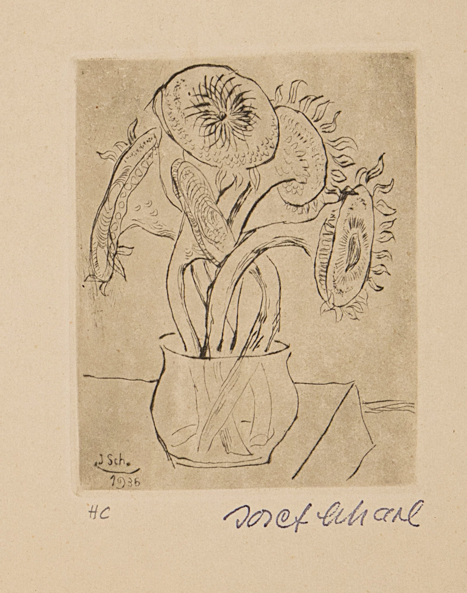 Scharl, Josef: Scharl, Josef München, 1896 - New York, 1954 Blattgröße: 23 x 17 cm; 12,5 x 10 cm, o. R. "Kleine Sonnenblumen", 1936/1999. Etching on firm Japanese paper. Signed with stamp and marked