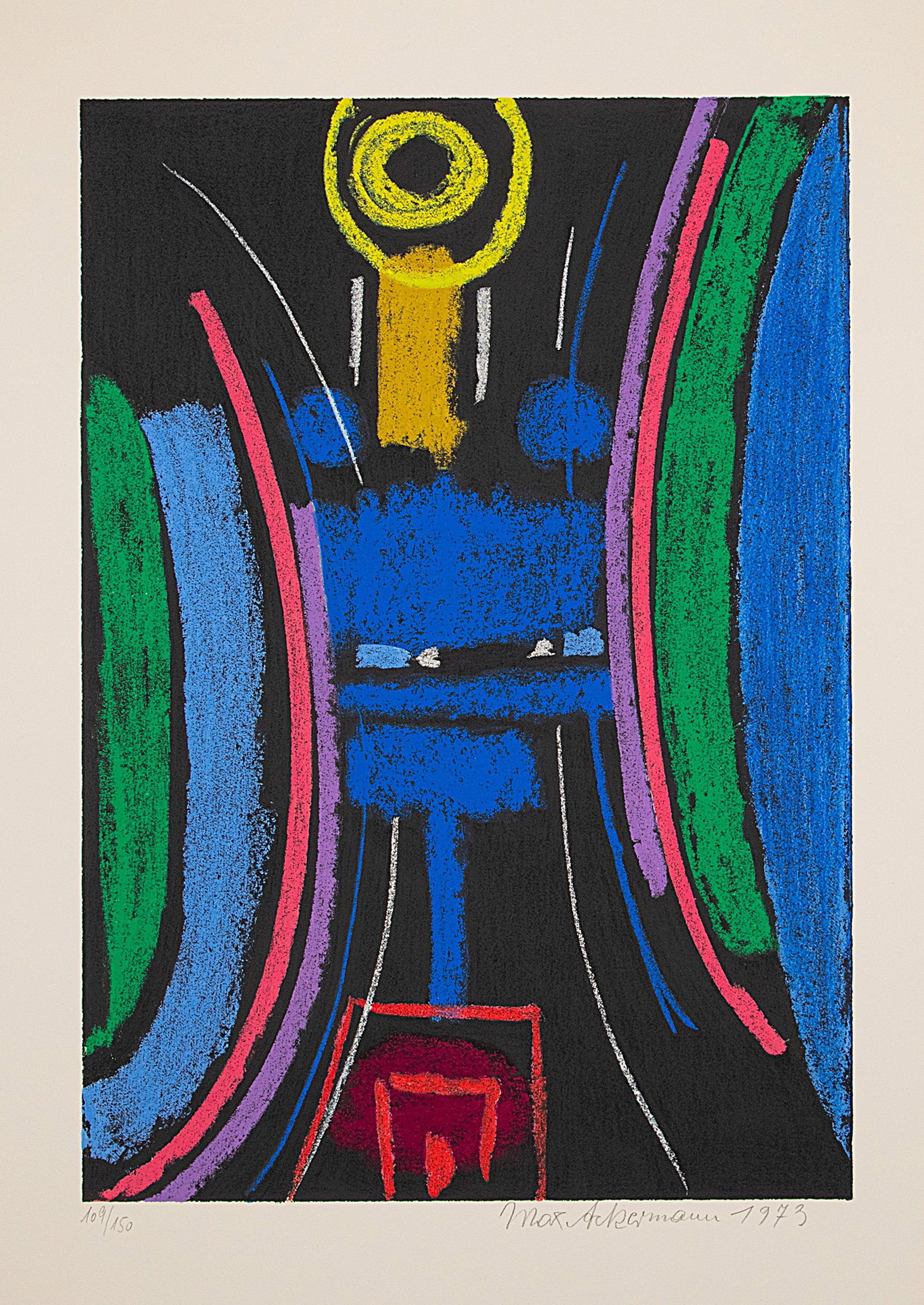 Ackermann, Max: Ackermann, Max Berlin, 1887 - Unterlengenhardt, 1975 Blattgröße: 70 x 50 cm; 50 x 35 cm, o. R. "Energie III (Kontrapunktisches Spiel / Spannung Grün)", 1973. Silkscreen print on wove