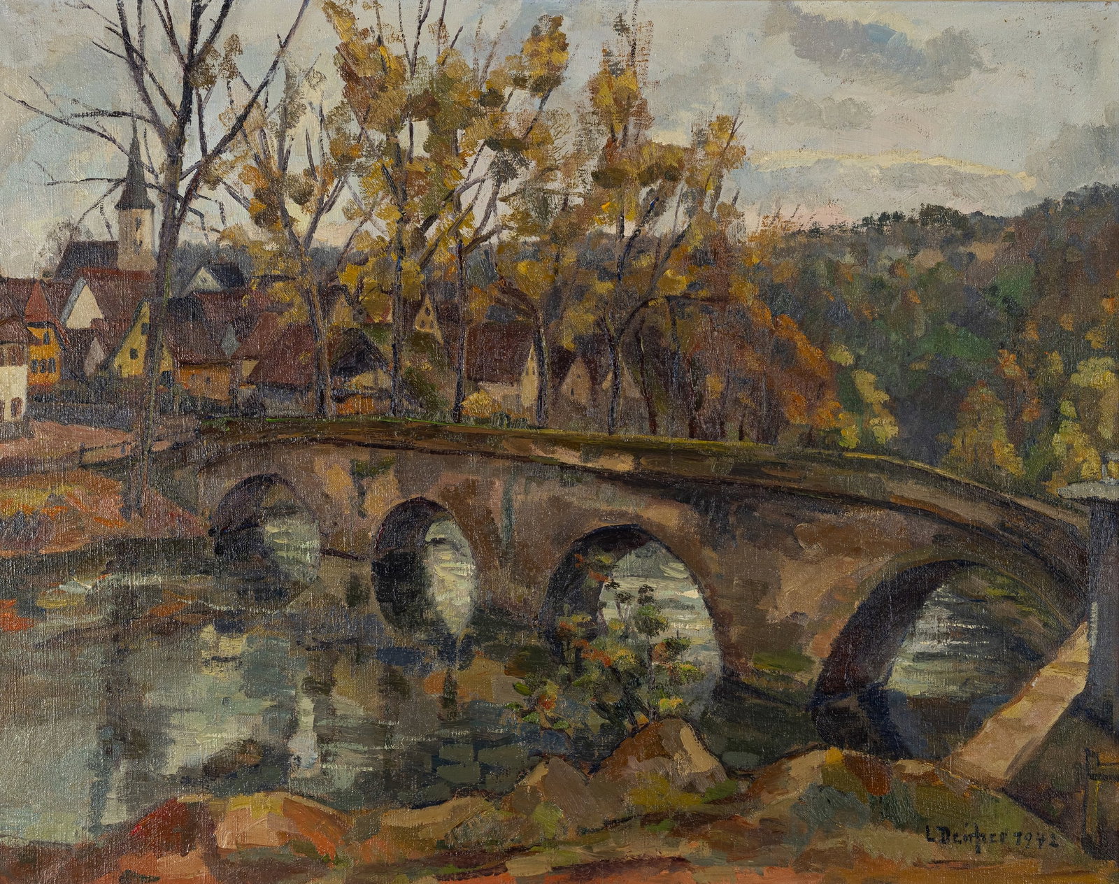 Deicher, Luise: Deicher, Luise Waiblingen, 1891 - 1973 74 x 92 cm, R. Autumnal landscape with a bridge, 1942. Oil on canvas. Signed and dated. Corporate collection, Germany. Deicher, Luise Waiblingen, 1891 - 1973 74