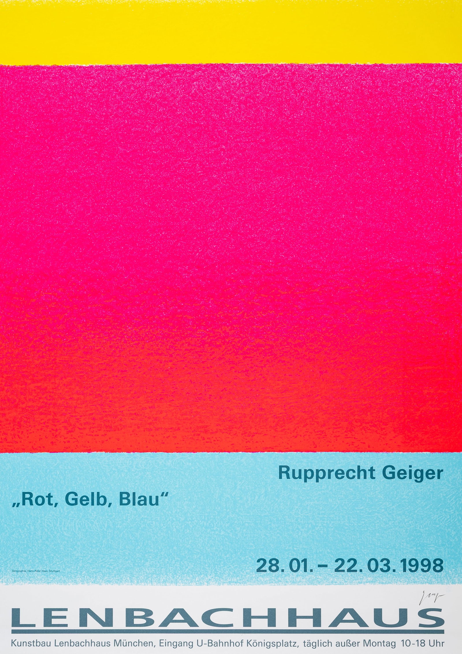 Geiger, Rupprecht: Geiger, Rupprecht München, 1908 - 2009 84 x 59,5 cm, o. R. "Rupprecht Geiger, Rot Gelb Blau, Kunstbau der Städtischen Galerie im Lenbachhaus, München (28.1.-22.3.1998)", 1998.