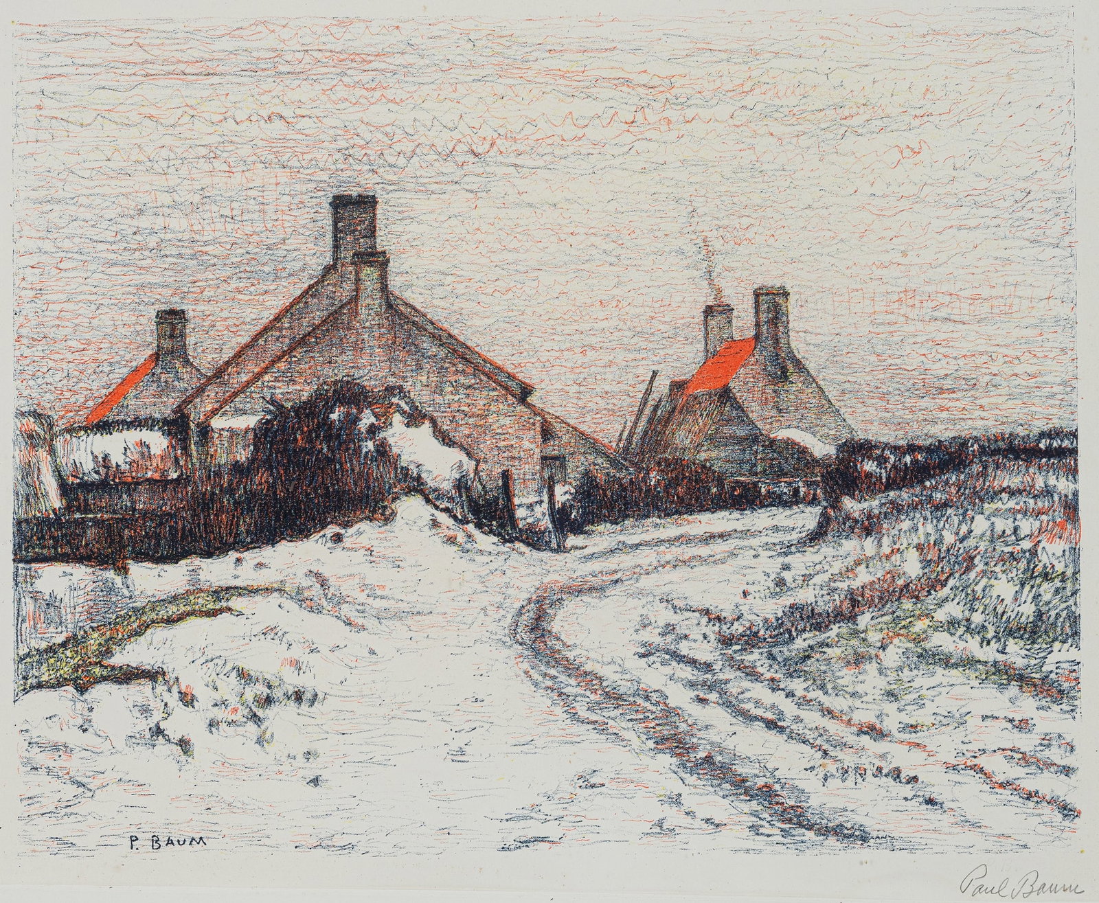 Baum, Paul: Baum, Paul Meißen, 1859 - San Gimignano, 1932 39 x 50 cm, R. Houses of Knokke in the snow, c. 1893. Lithograph on wove paper. Inscribed. Private property, Sachsen-Anhalt. Baum, Paul Meißen,