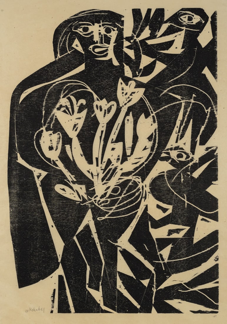 Grieshaber, HAP: Grieshaber, HAP Rot an der Rot, 1909 - Reutlingen, 1981 Blattgröße: 94,5 x 64 cm; 79 x 55 cm, R. "Schwarze Figur mit Tulpen", 1964. Woodcut on rice paper. Signed in pencil lower left and