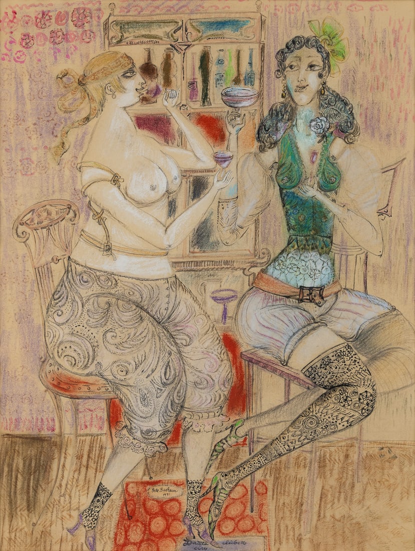 Bachem, Bele: Bachem, Bele Düsseldorf, 1916 - München, 2005 61,5 x 47 cm, R. Ladies love a little liqueur, 1971. Ink, coloured pencil and pencil on paper. Signed and dated in ink lower left. Private