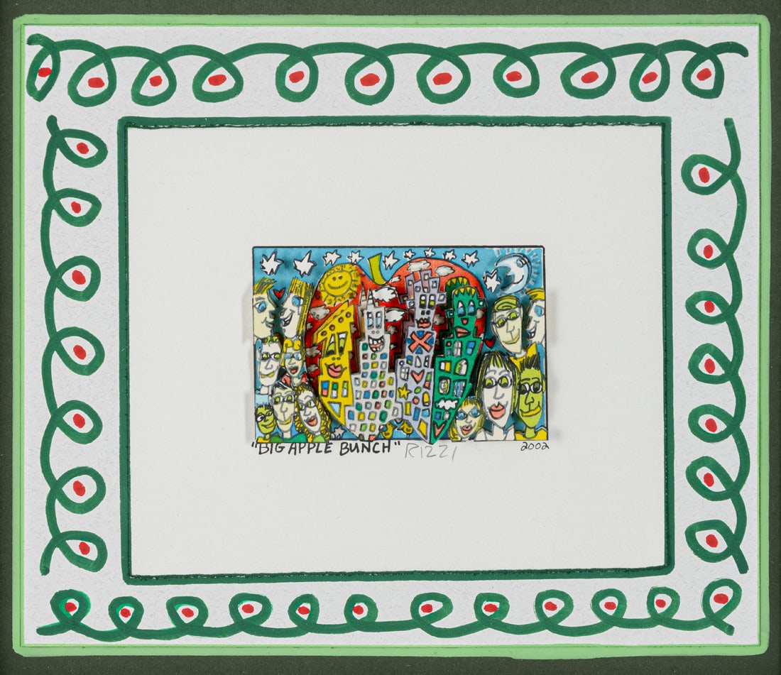 Rizzi, James: Rizzi, James New York, 1950 - 2011 17 x 20 cm, R. "Big Apple Bunch", 2002. 3D silkscreen print on wove paper, mounted on painted cardboard. Signed, dated and with dedication. Private property,