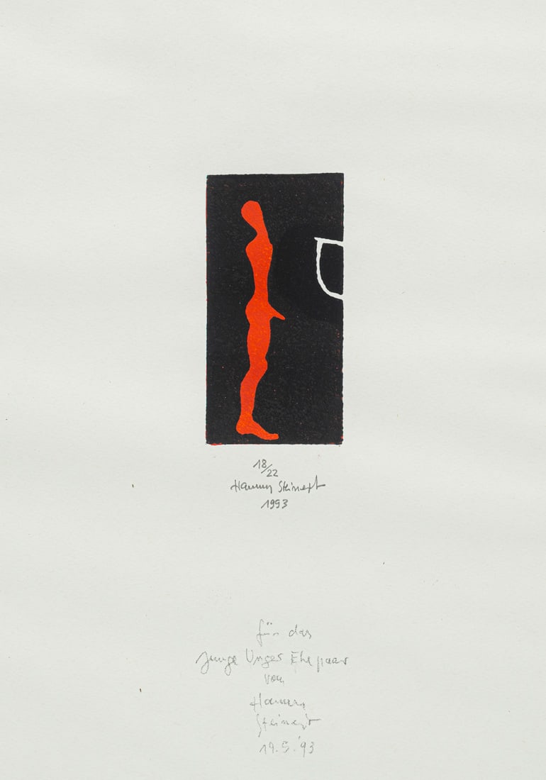 Steinert, Hannes: Steinert, Hannes Stuttgart, 1954 Versch. 3 works: Untitled, 1984; 1992; 1993. 1 etching and 2 linocuts on wove paper. All signed, dated and numbered 28/65, 16/25, 18/22 and 1 with dedication. Private 