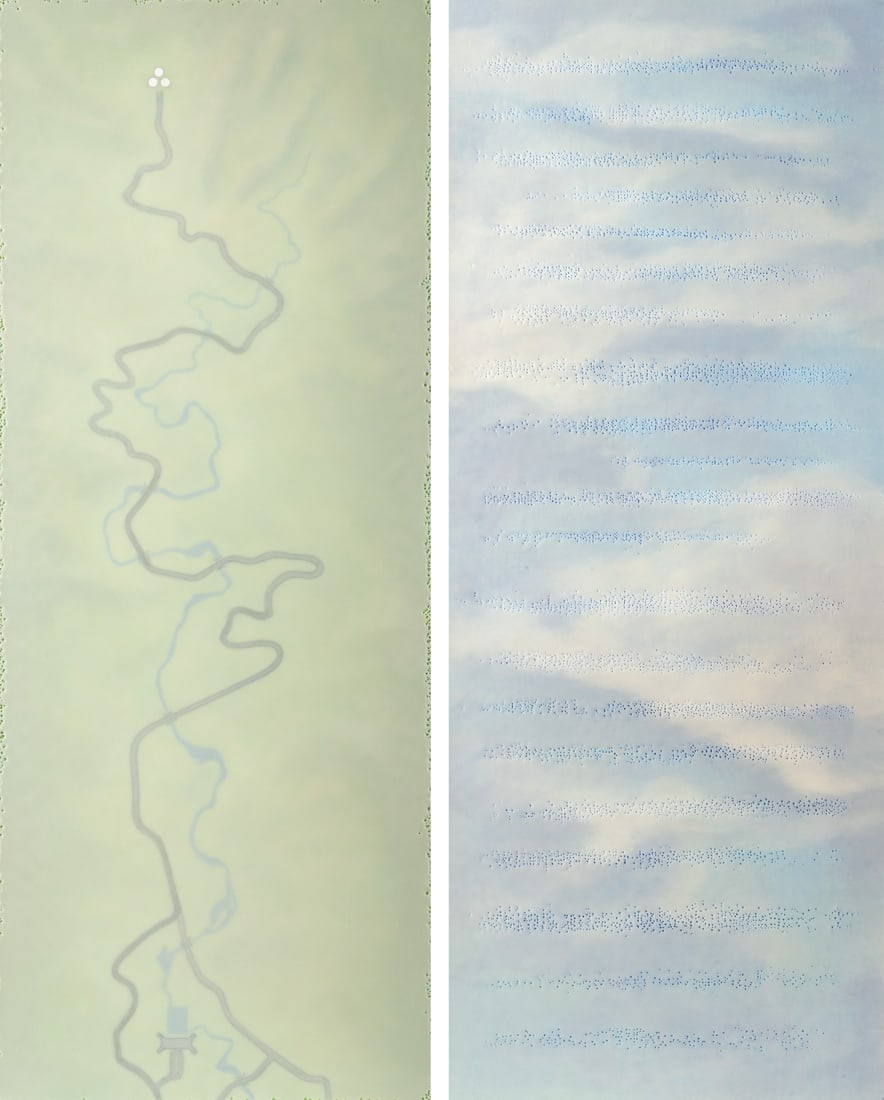 Wall, Claude: Wall, Claude Eschweiler, 1951 Je 146,5 x 58,5 cm, o. R. "Hieronymus", 1998/1999. Mixed media on canvas. The centre section of the original three-part work is missing. Corporate collection, Germany.