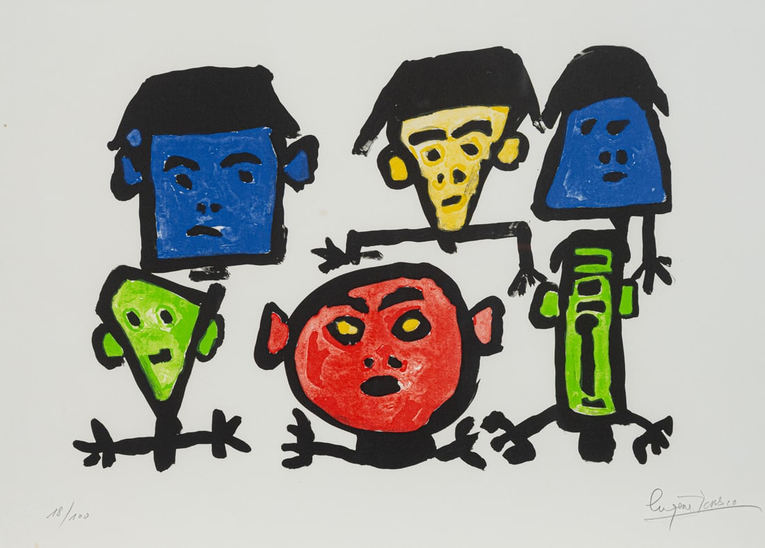 Ionesco, Eugène: Ionesco, Eugène Slatina/Rumänien, 1909 - Paris, 1994 Blattgröße: 38 x 56 cm, R. Les Spectateurs, 1986. Lithograph on wove paper. Signed and numbered 18/100. Dry stamp: Erker