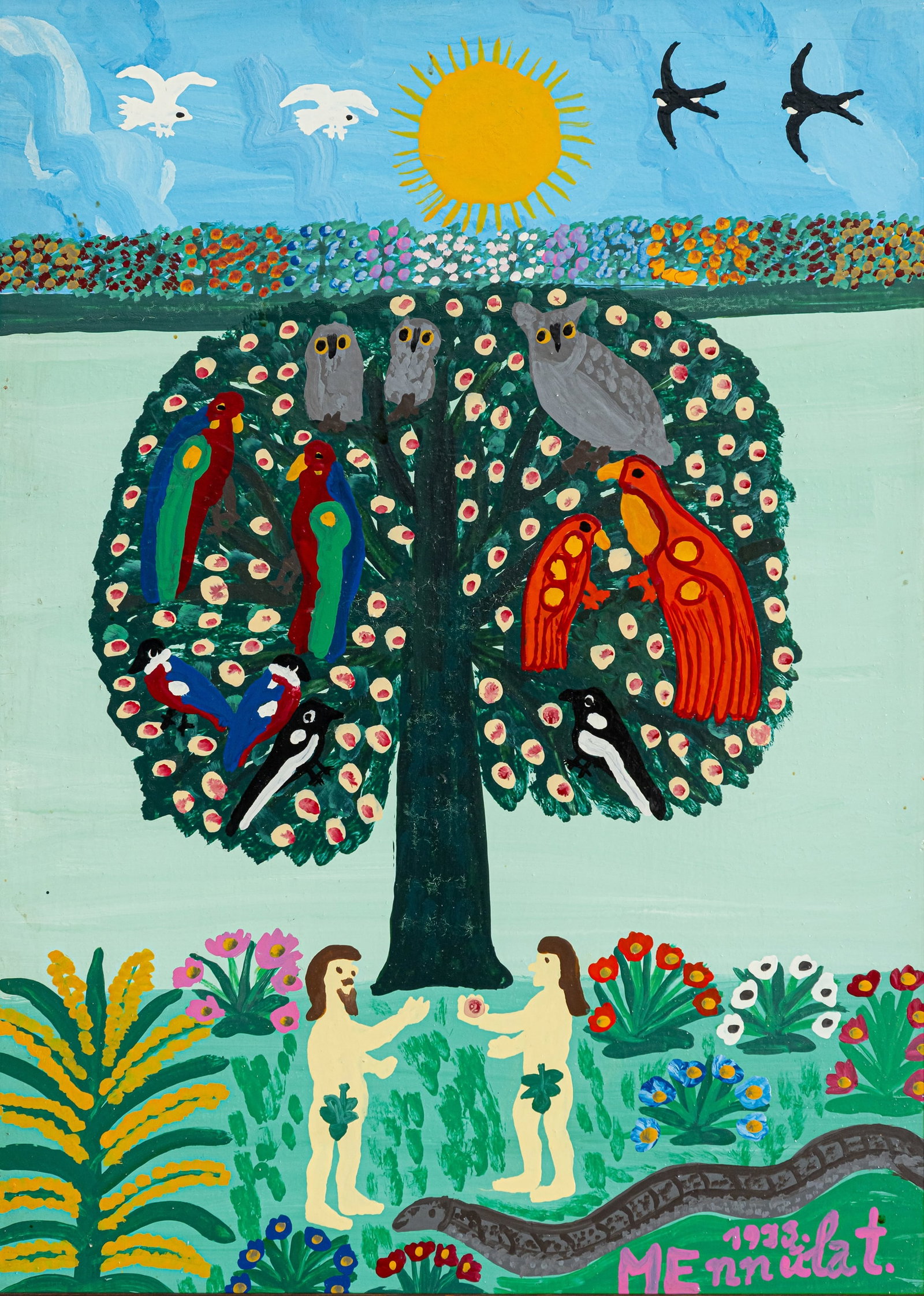 Ennulat, Minna: Ennulat, Minna Baltschdorf/Ostpreußen, 1901 - Hadamar, 1985 42 x 29,5 cm, R. "Adam und Eva im Paradies + Vögel", 1993. Oil on masonite. Signed and dated. Corporate collection, Germany.