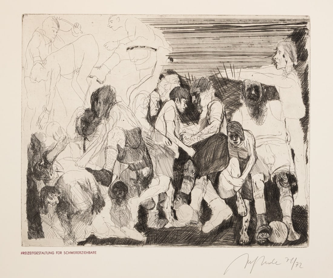 Hrdlicka, Alfred: Hrdlicka, Alfred Wien, 1928 - 2009 Blattgröße: 65,5 x 50 cm, o. R. "Freizeitgestaltung für Schwererziehbare", 1971/1972. Etching on wove paper. Signed and dated. Lewin, 476. Private pro