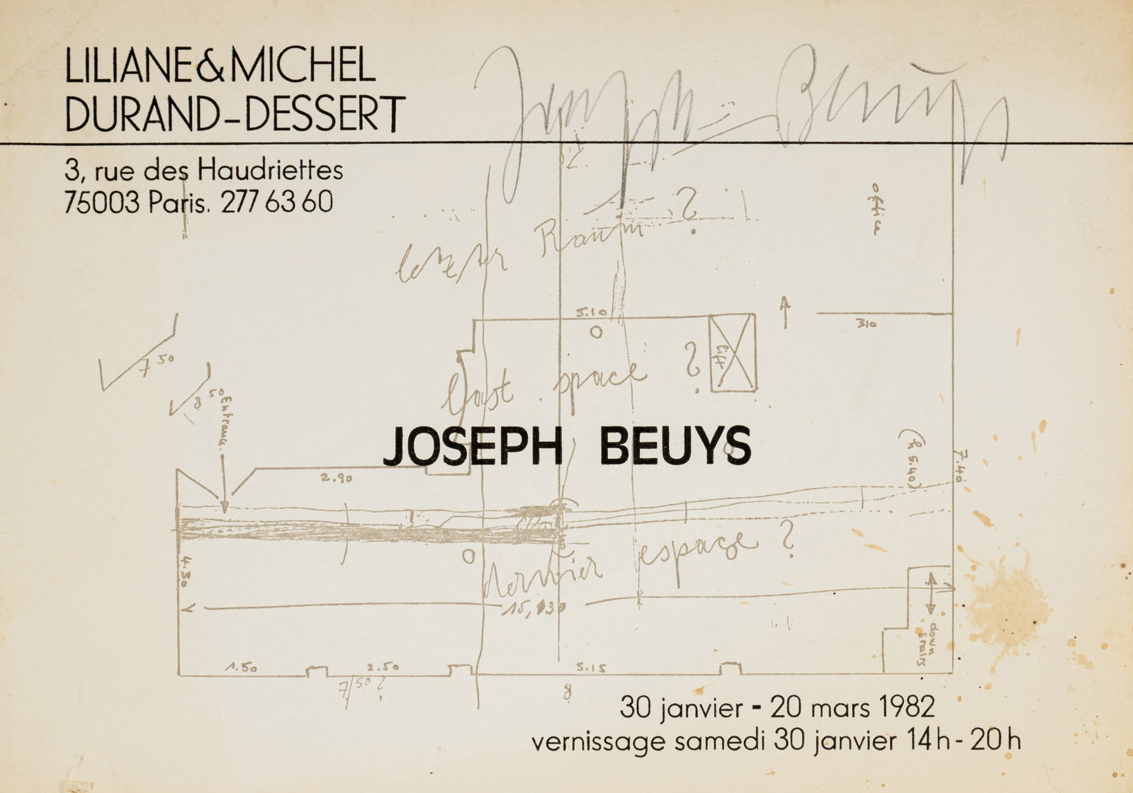 Beuys, Joseph: Beuys, Joseph Krefeld, 1921 - Düsseldorf, 1986 14,8 x 21 cm, o. R. "Joseph Beuys", 1982. Silkscreen print on cardboard. Invitation card for the exhibition at the Galerie Liliane and Michel
