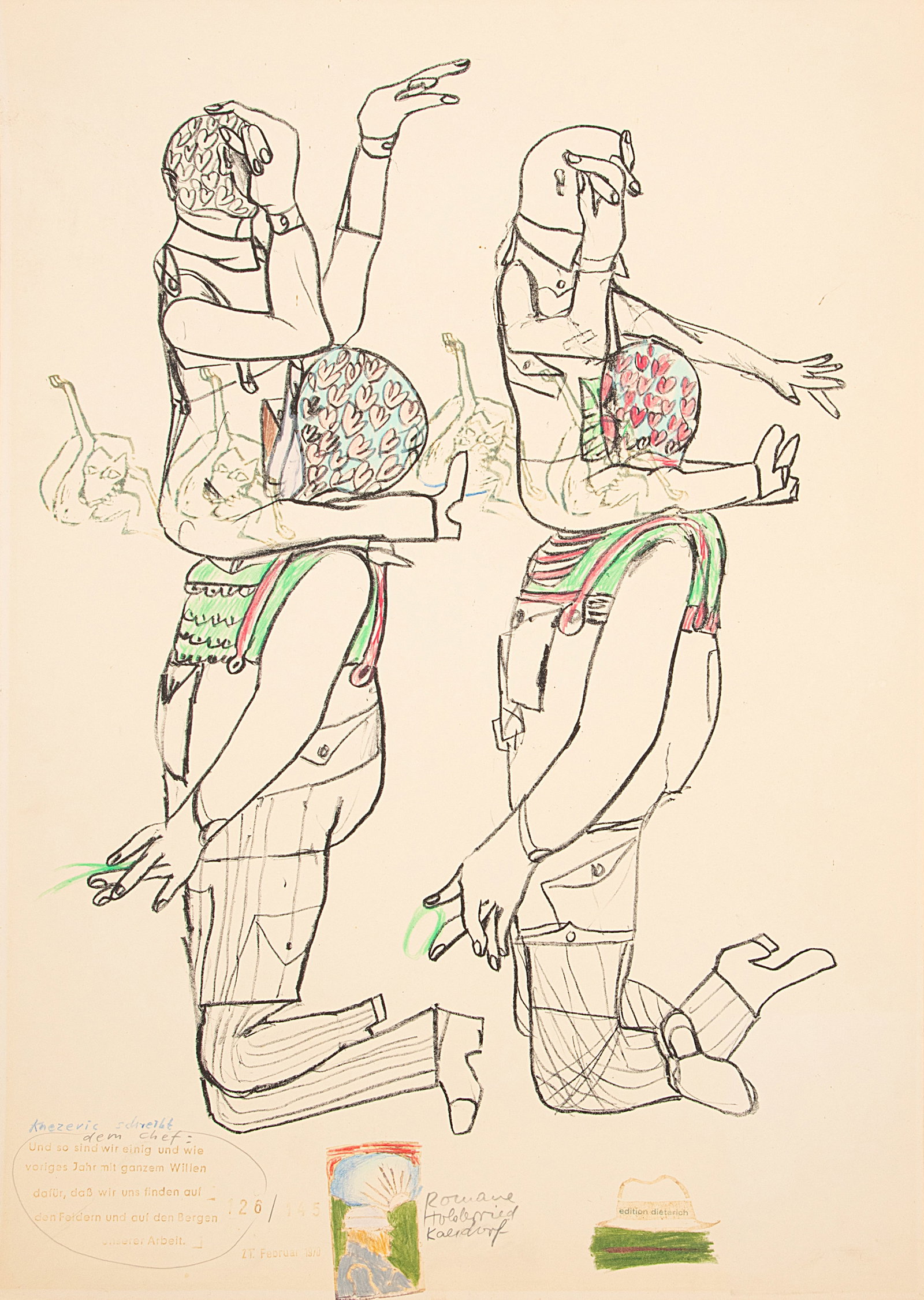 Holderried-Kaesdorf, Romane: Holderried-Kaesdorf, Romane Biberach/Riß, 1922 - 2007 Blattgröße: 70 x 50 cm, o. R. "Knezevic schreibt dem Chef", 1970. Coloured pencil and lithograph on heavy paper. Signed in pencil