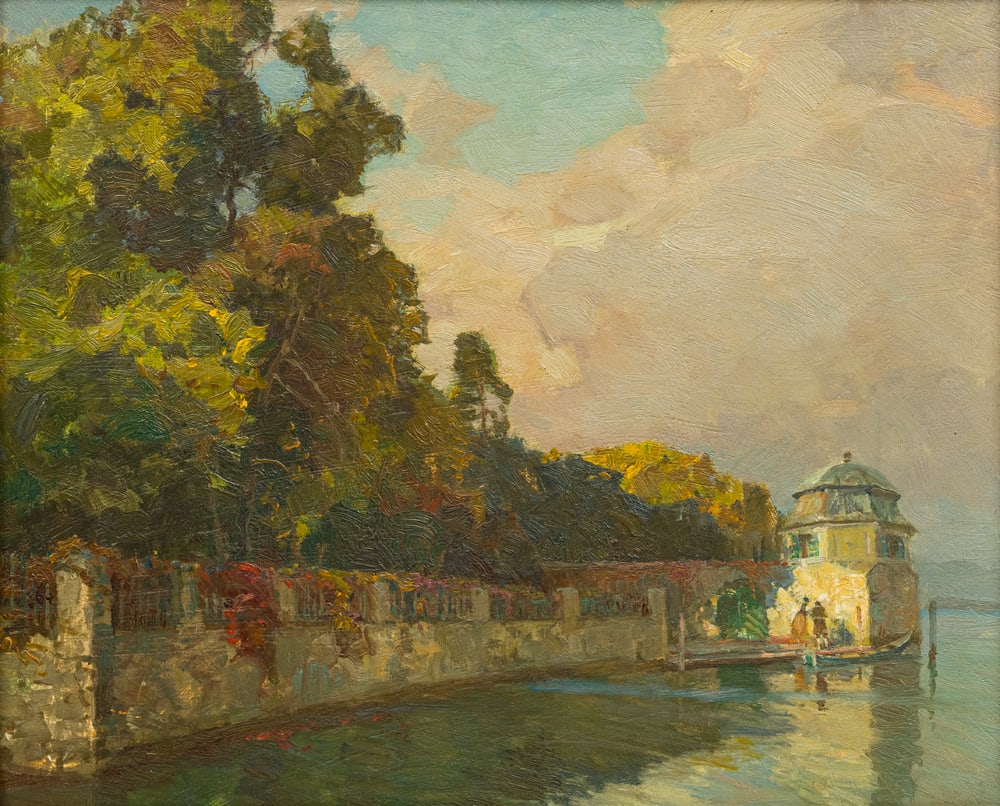 Göhler, Hermann: Göhler, Hermann Neustadt a.d.H. 1874 - Karlsruhe 1959 25,5 x 31 cm, R. "Herbsttag am Wörthersee". Oil on masonite. Private property, Baden-Württemberg. Göhler, Hermann Neustadt