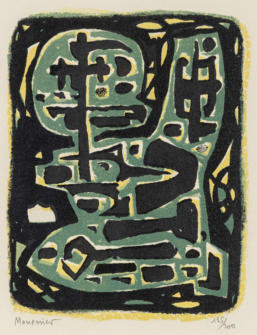 Manessier, Alfred: Manessier, Alfred Saint-Quen, 1911 - Orléans, 1993 Blattgröße: 32,5 x 24,5 cm, R. Untitled, c. 1952. Lithograph on wove paper. Signed and numbered 185/200. Private property,