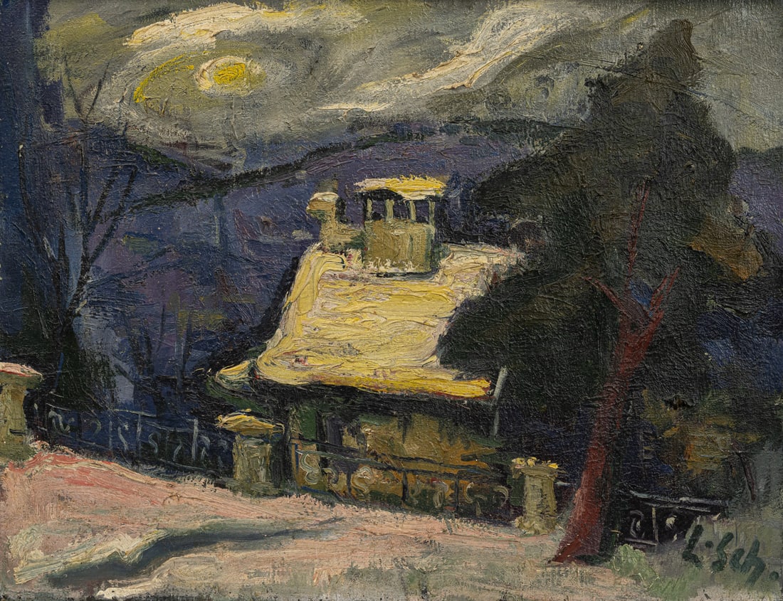 Schobinger, Leo: Schobinger, Leo Kressbronn, 1897 - Sindelfingen, 1985 50,5 x 65 cm, R. "Winter in Stuttgart", 1946. Oil on canvas. Monogrammed in oil at lower right and dated on an artist's label affixed to the