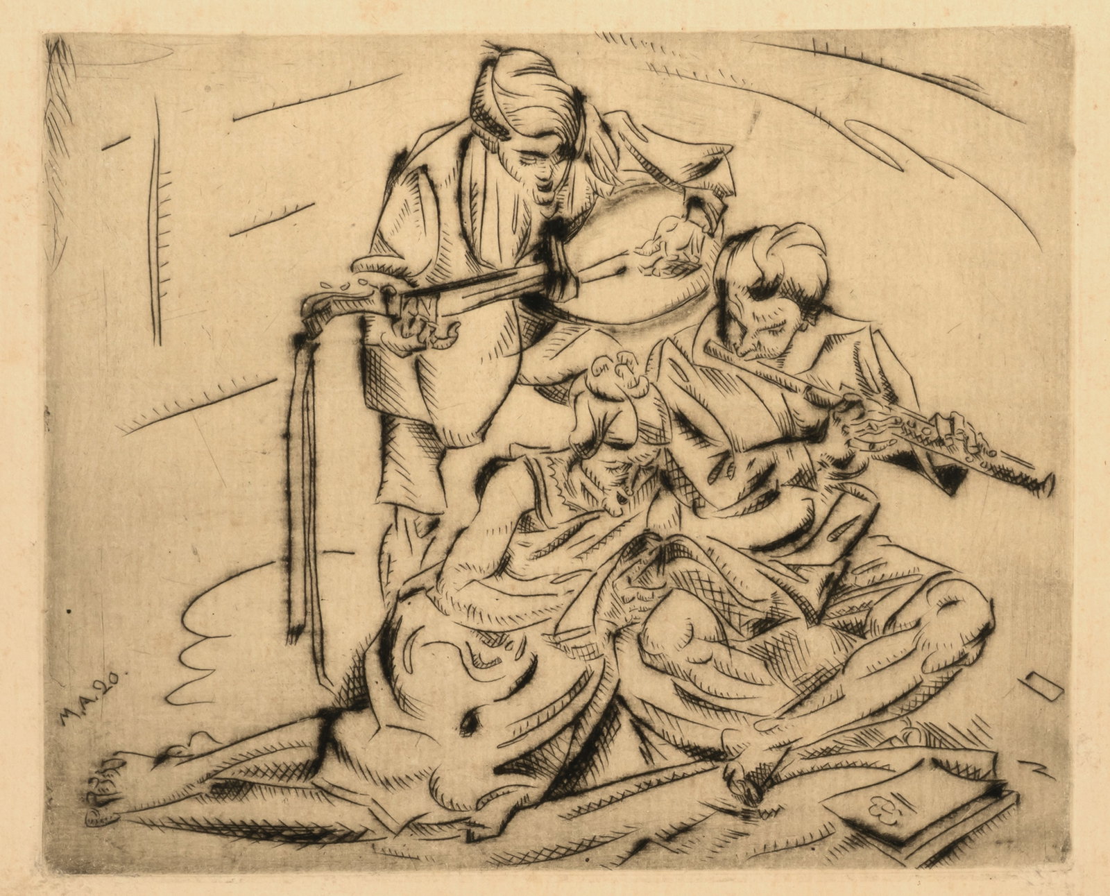 Ackermann, Max: Ackermann, Max Berlin, 1887 - Unterlengenhardt, 1975 Blattgröße: 25 x 34 cm; 16 x 20,5 cm, o. R. Musicians, 1920. Etching on laid paper. Monogrammed and dated in the plate. Studio of the