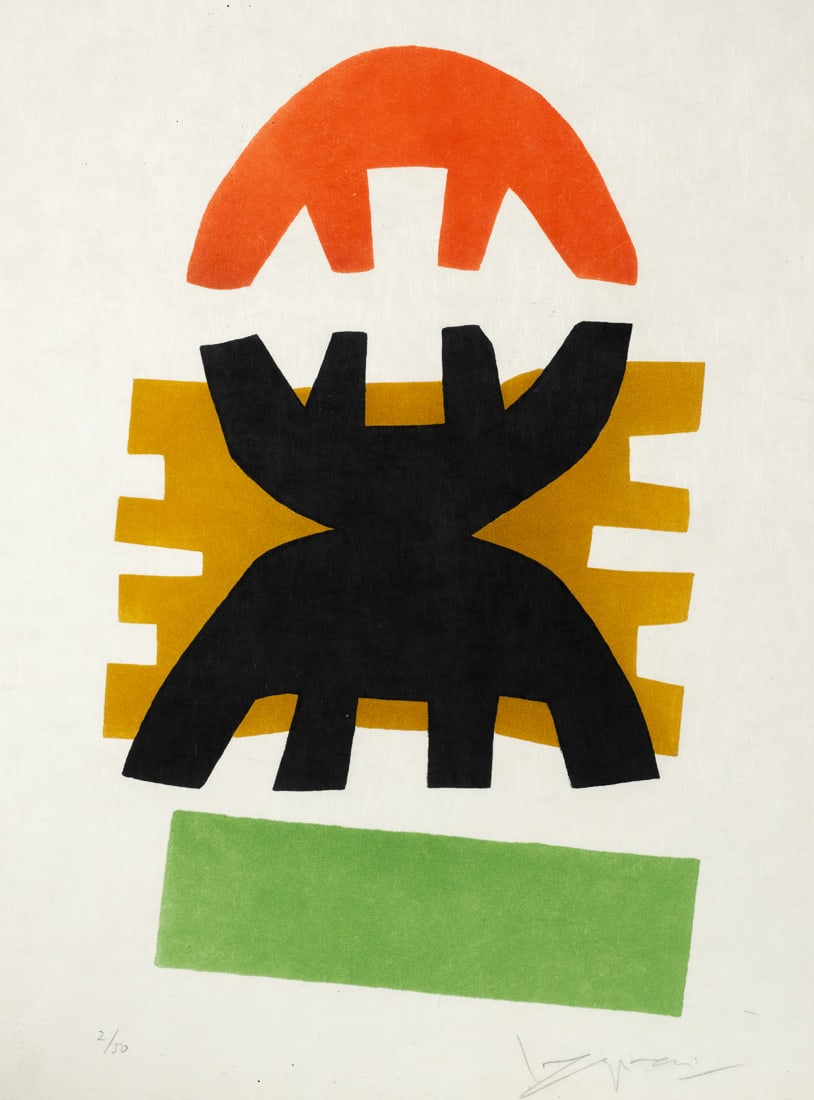 Capogrossi, Giuseppe: Capogrossi, Giuseppe Rome 1900 - 1972 Blattgröße: 38,5 x 31 cm, R. Untitled, 1970. Lithograph on Japanese paper. Signed and numbered 2/50. Dry stamp: Erker Presse St. Gallen. Hase-Schmundt,