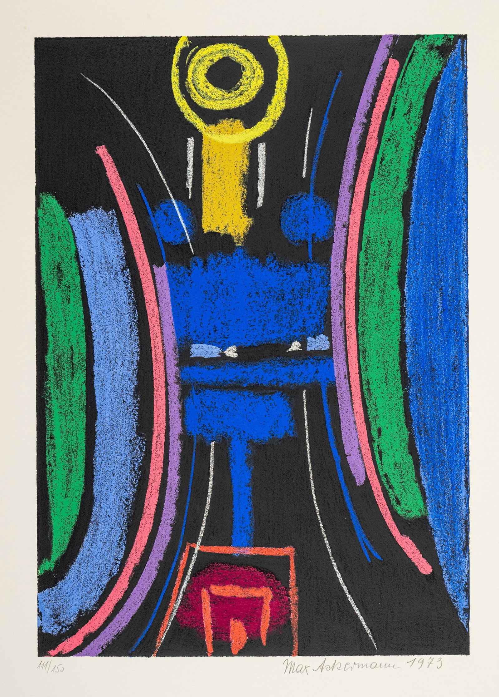 Ackermann, Max: Ackermann, Max Berlin, 1887 - Unterlengenhardt, 1975 Blattgröße: 70 x 50 cm; 50 x 35 cm, o. R. "Energie III (Kontrapunktisches Spiel / Spannung Grün)", 1973. Silkscreen print on wove