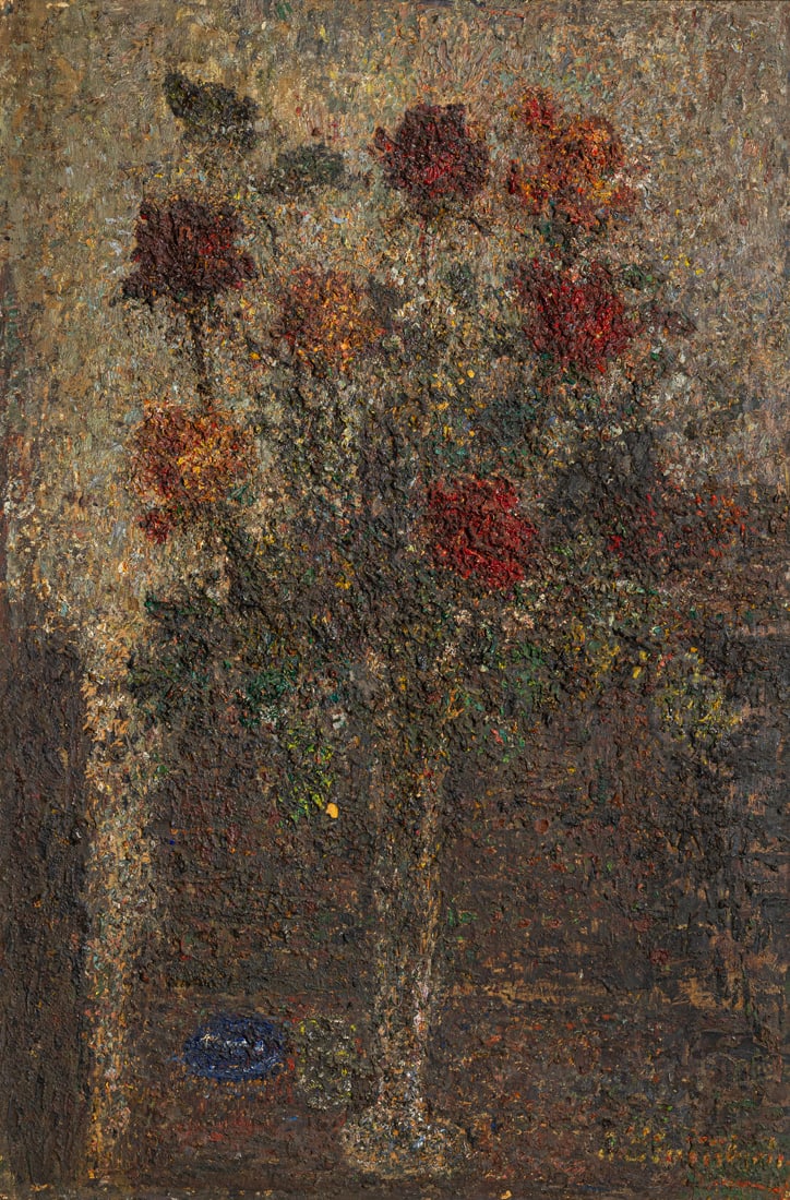 Stammbach, Eugen: Stammbach, Eugen Stuttgart, 1876 - 1966 59,5 x 39 cm, R. "Rosen". Oil on wood. Signed in oil at lower right and titled on a gallery label at the reverse Kunsthaus Bühler, Stuttgart (reverse with