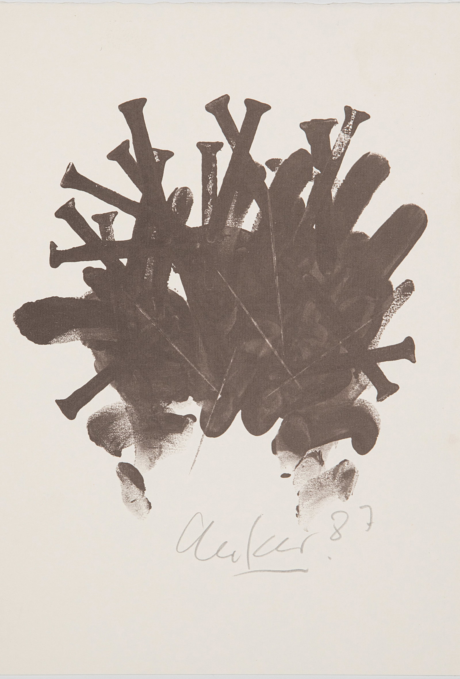 Uecker, Günther: Uecker, Günther Wendorf/Mecklenburg, 1930 - Düsseldorf, 2025 Blattgröße: 30,5 x 21,5 cm, o. R. "Nagelkreuzung", 1987. Offset lithograph on wove paper. Signed and dated in print.