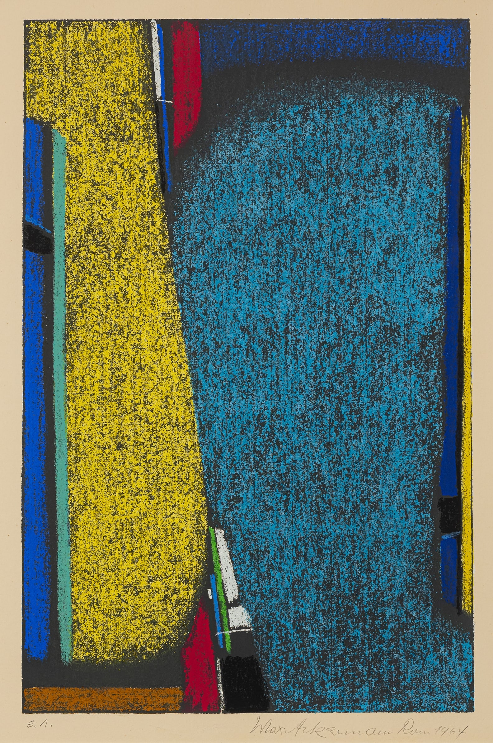 Ackermann, Max: Ackermann, Max Berlin, 1887 - Unterlengenhardt, 1975 48,5 x 31,5 cm, R. "Spiel der Farben (Rom - Zyklus)", 1964. Silkscreen print on wove paper. Signed, dated and marked "E.A.".