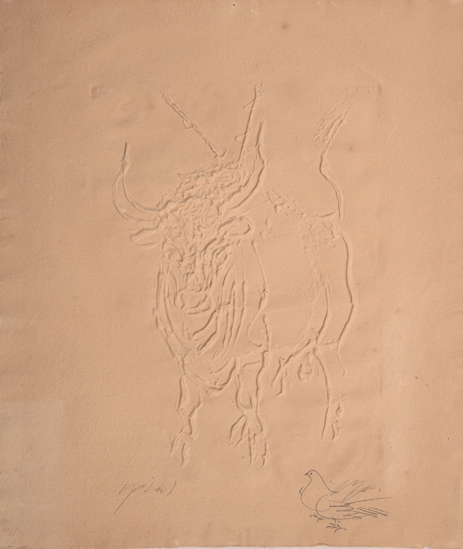 Erni, Hans: Erni, Hans Entlebachtal/Luzern, 1909 - 2015 Blattgröße: 49,5 x 44 cm, o. R. Bull, c. 1963. Embossed print and pencil drawing on wove paper. Signed in pencil lower right and marked "Epr.
