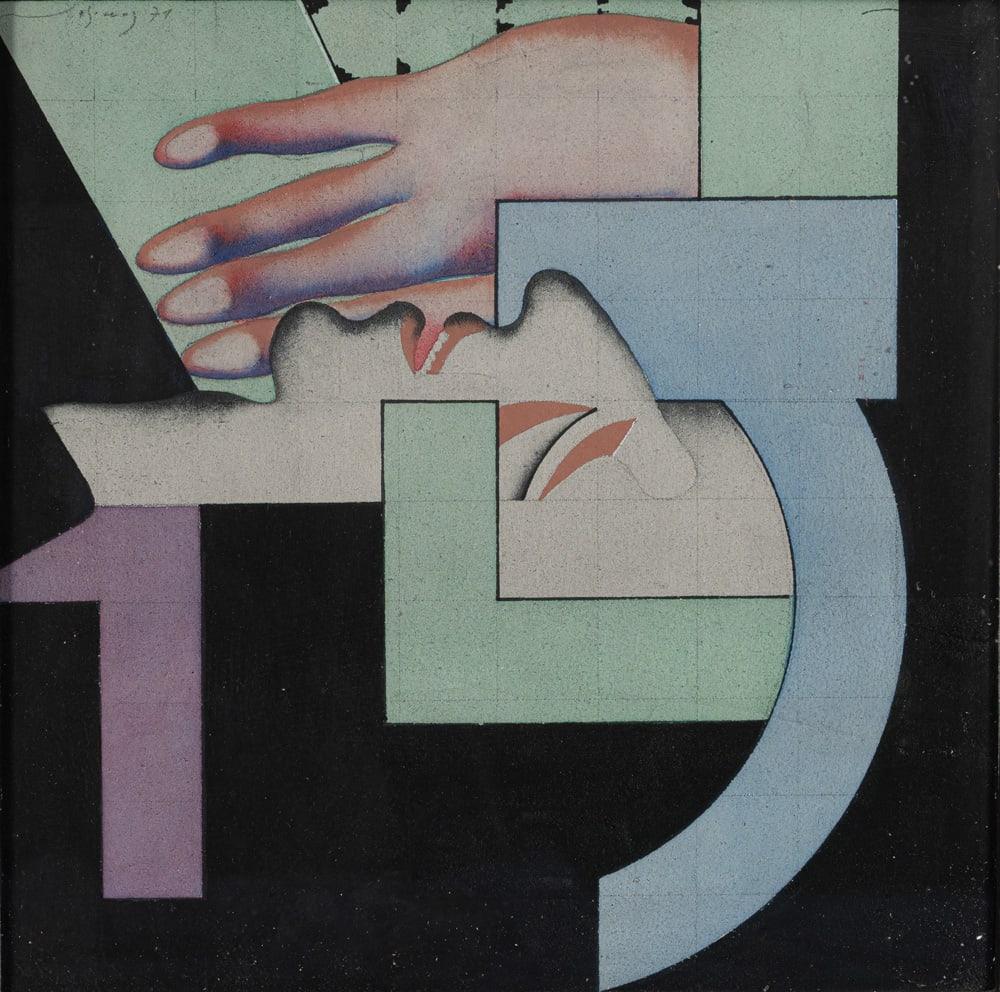 Döring, Adam Lude (Rudolf): Döring, Adam Lude (Rudolf) Dresden, 1925 - Sachsenheim, 2018 24 x 24 cm, R. Head with hand, 1971. Acrylic on masonite. Signed and dated in pencil at the upper left as well as signed and dated in