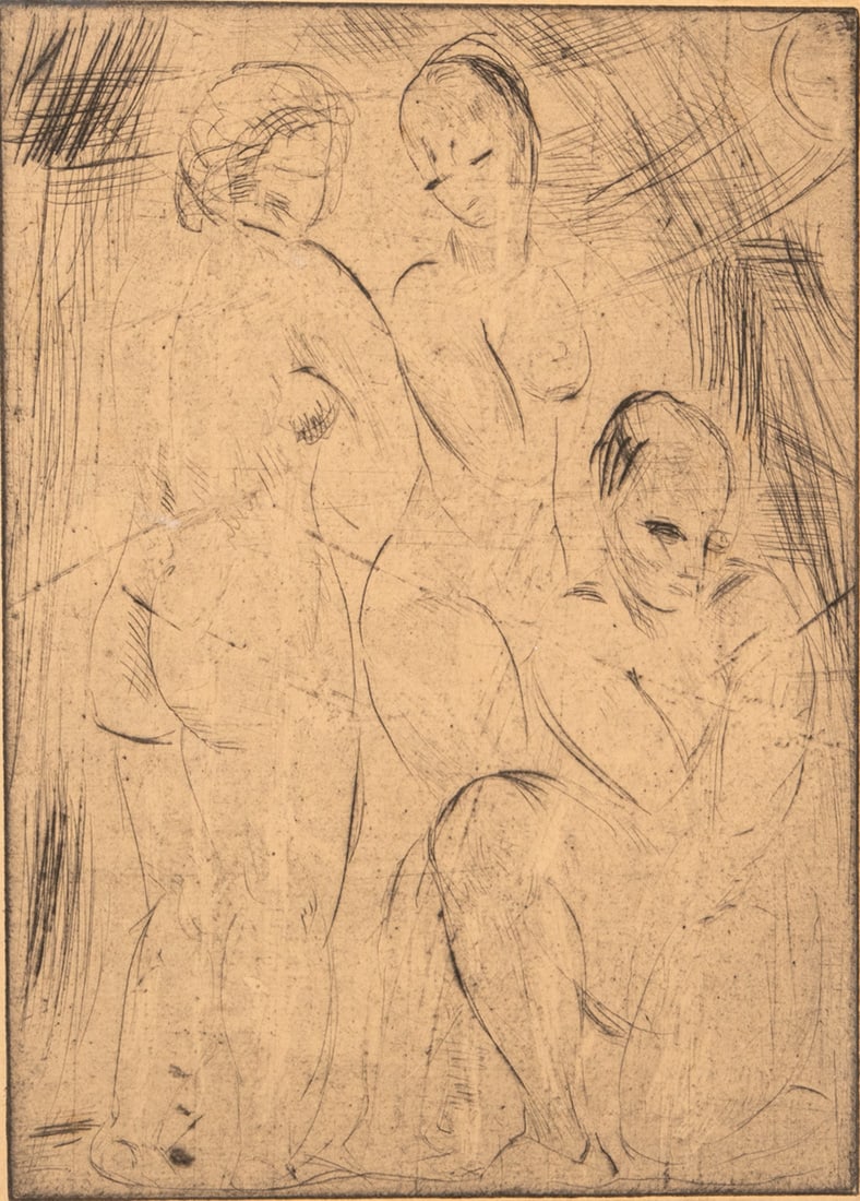Lehmbruck, Wilhelm: Lehmbruck, Wilhelm Duisburg, 1881 - Berlin, 1919 21 x 15 cm, o. R. Three women, two standing, one kneeling, 1914/1920. Etching on wove paper. Private property, Baden-Württemberg. Lehmbruck,