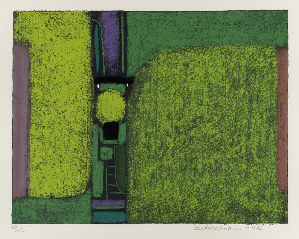 Ackermann, Max: Ackermann, Max Berlin, 1887 - Unterlengenhardt, 1975 34,1 x 43,8 cm, R. "Überbrückte Kontinente", 1972. Silkscreen print on wove paper. Signed, dated and numbered 47/150.