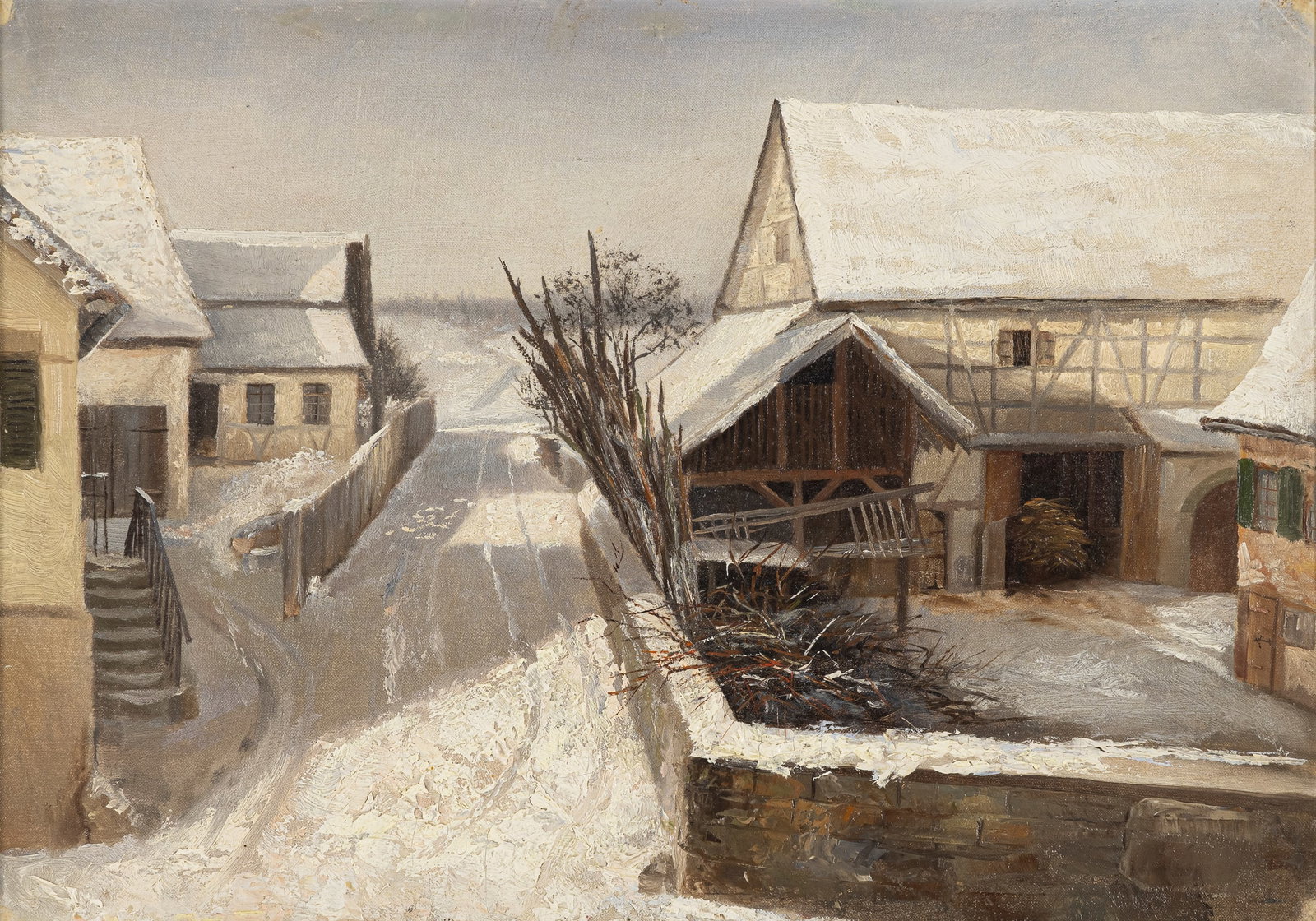 Unknown: Unknown 28,5 x 41 cm, R. Winter village, 1949. Oil on canvas, mounted on cardboard. Signed and dated "2. 5. 49" in crayon on the reverse. Private property, Baden-Württemberg. Unbekannt 28,5 x 41