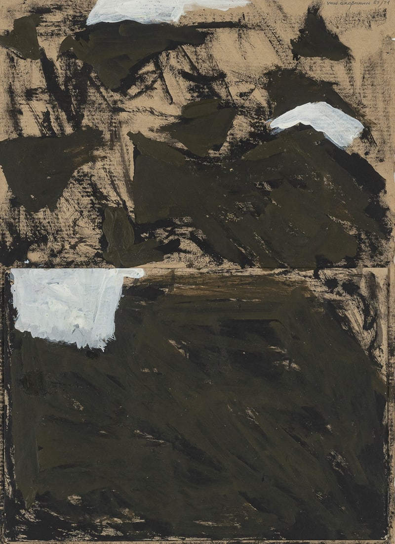 Großmann, Ludwig: Großmann, Ludwig Köln, 1949 Versch., R. 5 works: Untitled, 1988; 1989/1991; 1993; "... die meiste Zeit bin ich stark genug nicht zu hassen", 1991; "Komposition", 1997. Mixed media on paper,