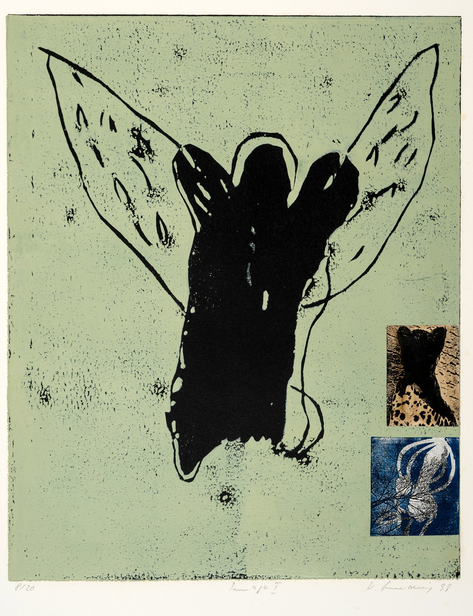 Sieverding, Hans: Sieverding, Hans Wenstrup, 1937 - Michelstadt, 2019 Blattgröße: 66,5 x 56,5 cm, o. R. Untitled, 1999. Linocut with collage on wove paper. Signed, dated and numbered 8/20. Collection,